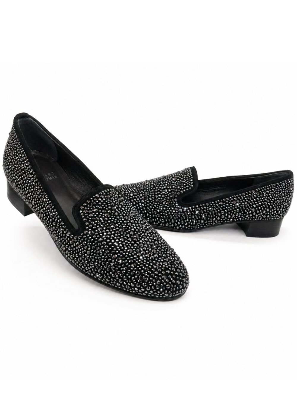 Stuart Weitzman Slipbeads Black Suede Studded Sparkly Rhinestone Loafers 8